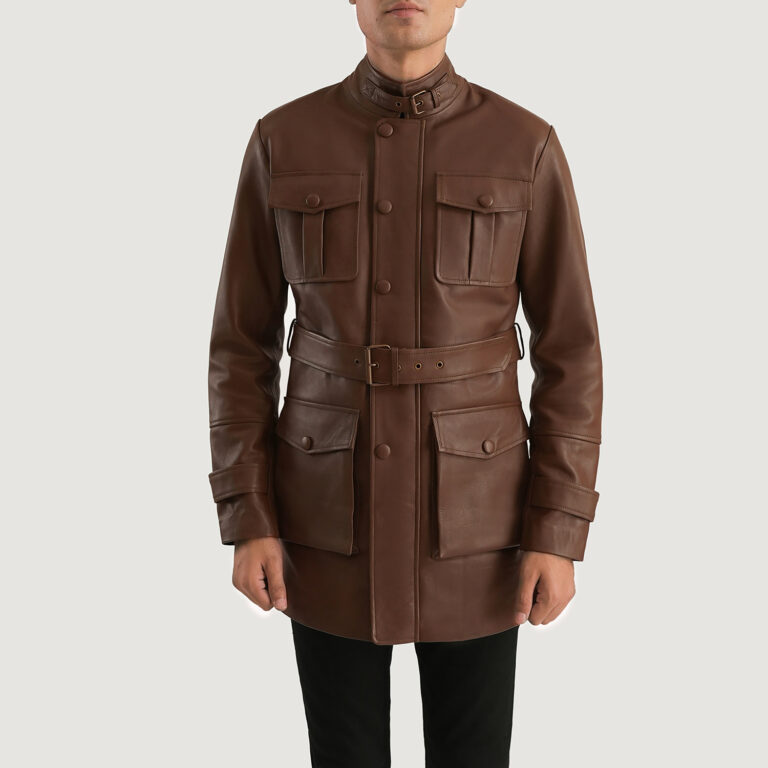 Mens Dolf Brown Leather Jacket Close Front-5-1701089153288